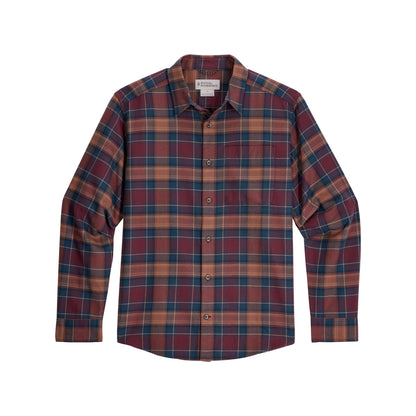 Royal Robbins Men’s organic cotton flannel shirt—red, blue, brown plaid; soft, breathable long sleeve.