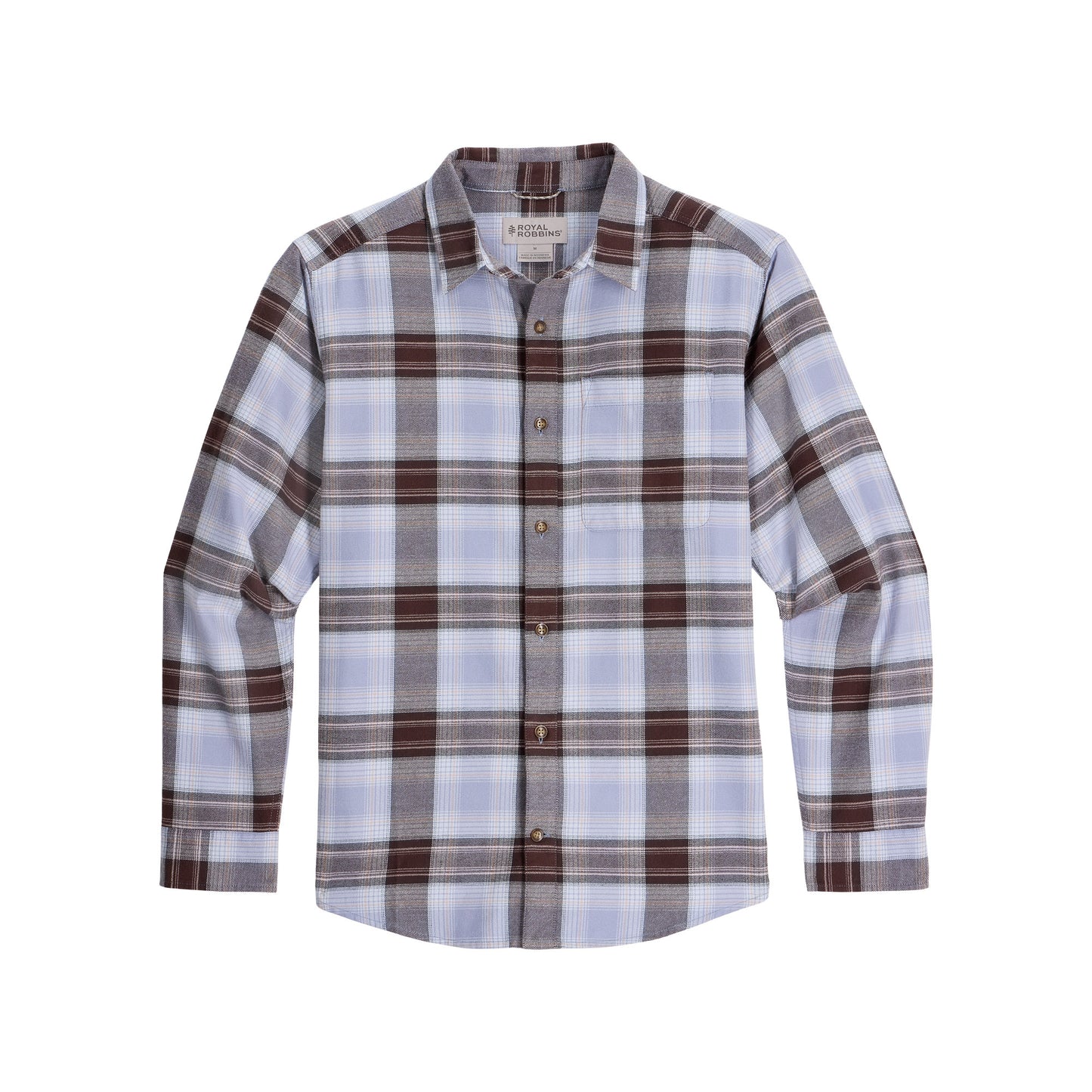 Royal Robbins Lieback Flannel: Men’s long sleeve, brown/white/blue plaid, soft organic cotton.