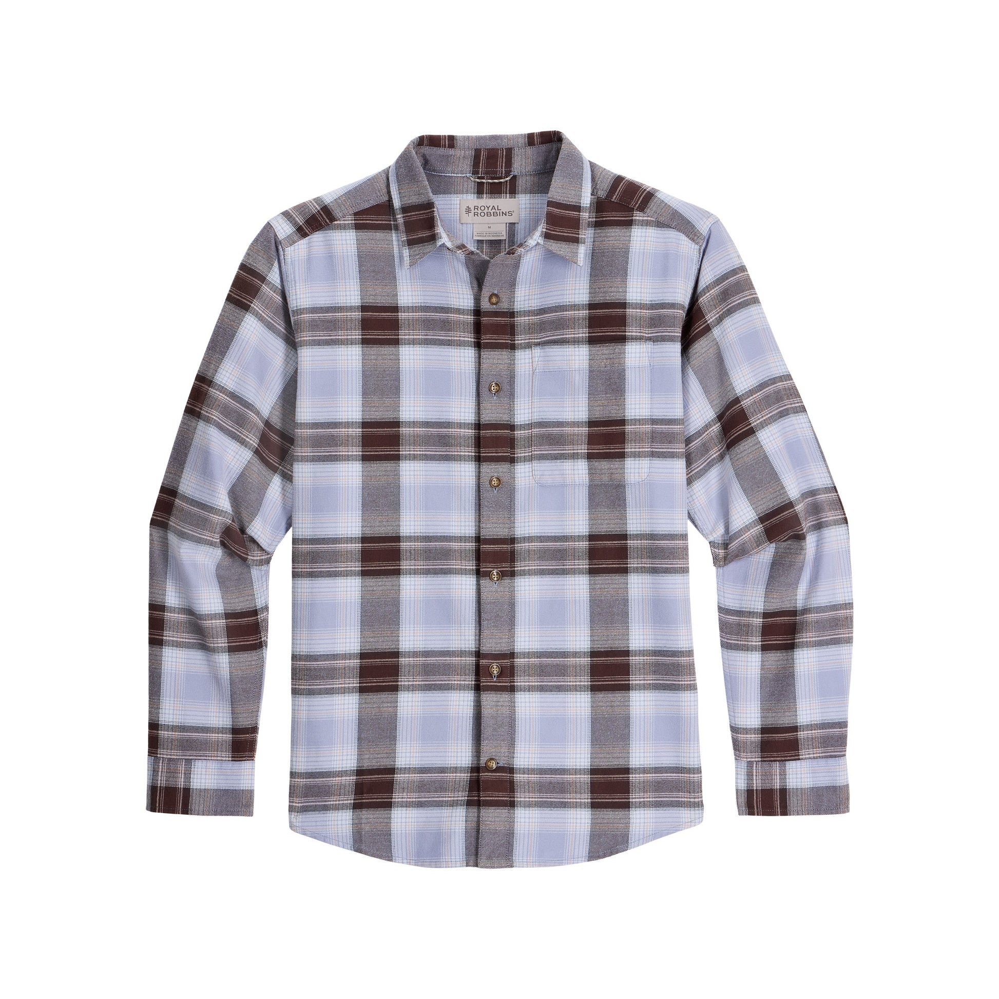 Royal Robbins Lieback Flannel: Men’s long sleeve, brown/white/blue plaid, soft organic cotton.