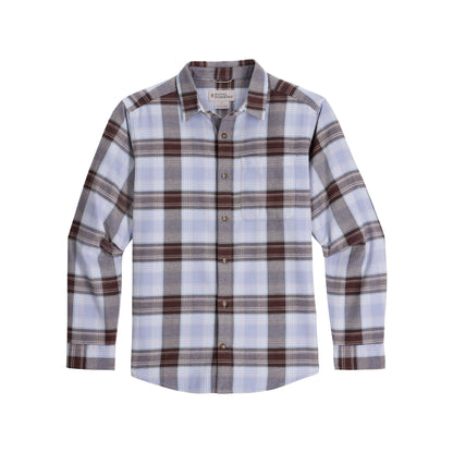 Royal Robbins Lieback Flannel: Men’s long sleeve, brown/white/blue plaid, soft organic cotton.