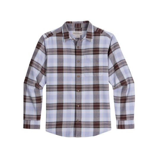 Product Image – Royal Robbins Lieback Flannel: Men’s long sleeve, brown/white/blue plaid, soft organic cotton.