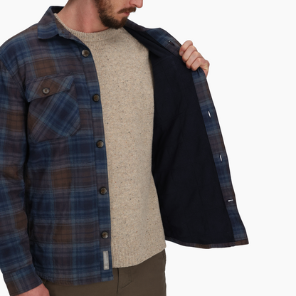 A man opens a Royal Robbins Snowcap Lined Flannel to reveal its black fleece lining, over a beige sweater.
