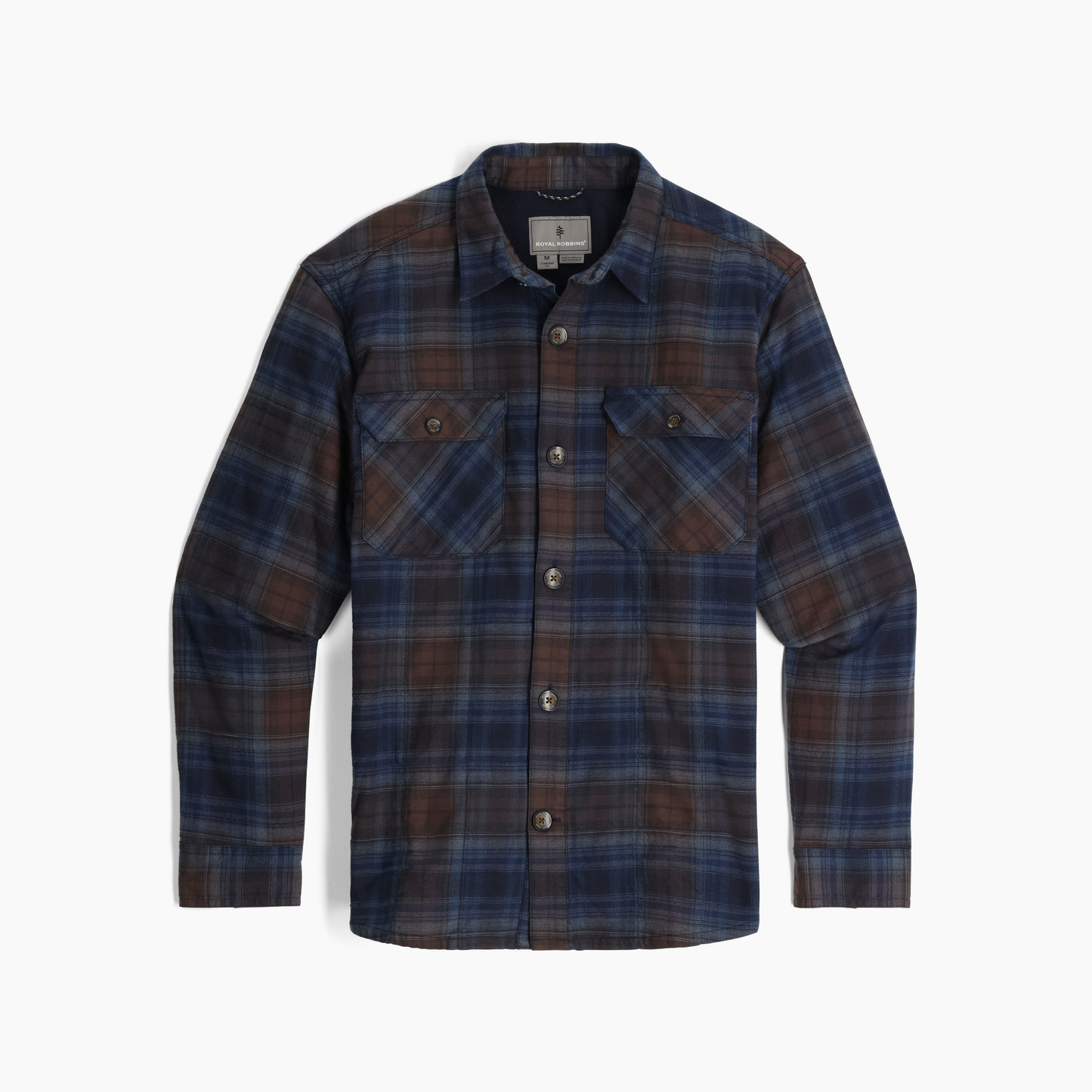 Royal Robbins Men's Snowcap Lined Flannel: blue/brown fleece-lined shirt with 2 chest pockets, ONLINE ONLY.