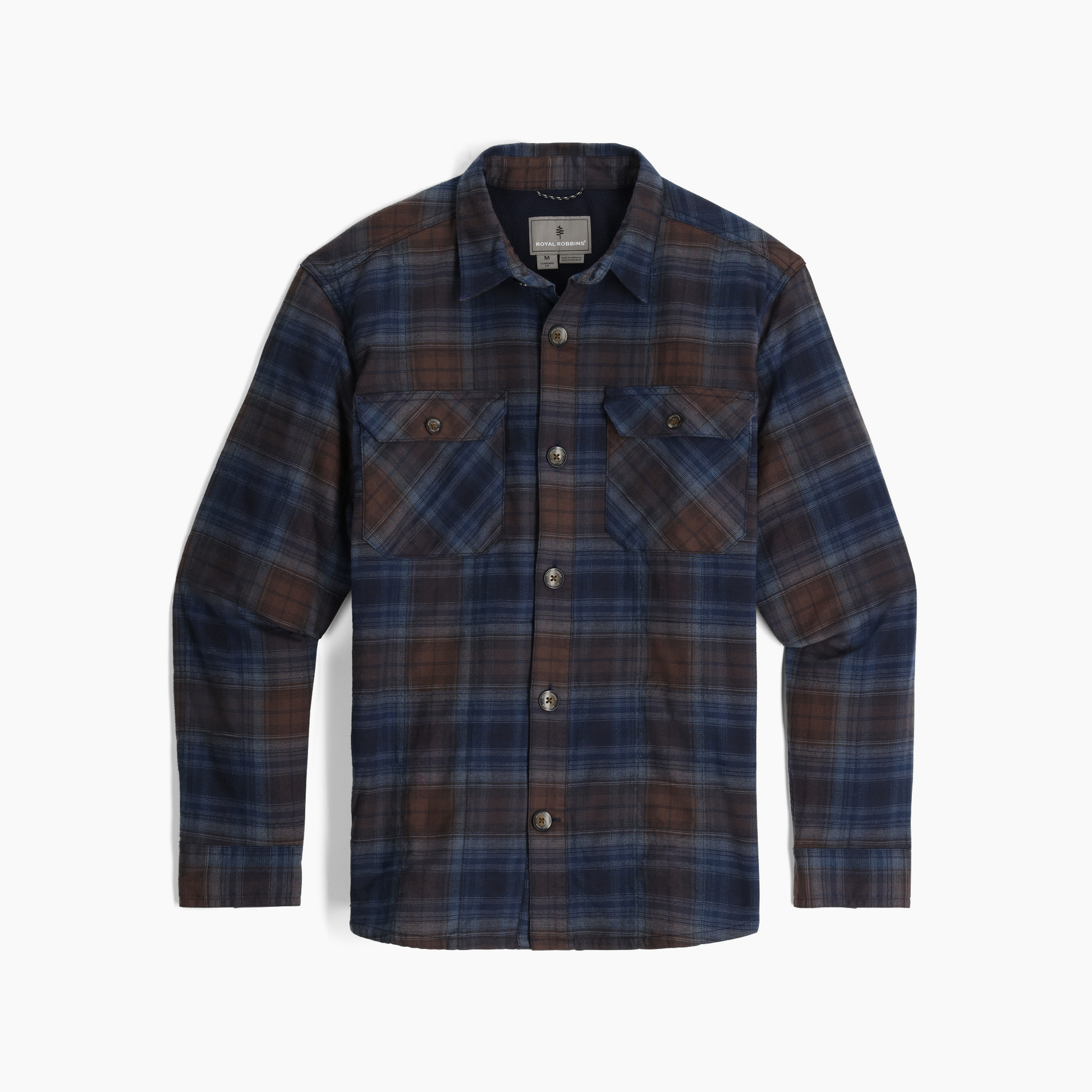 Royal Robbins Men's Snowcap Lined Flannel: blue/brown fleece-lined shirt with 2 chest pockets, ONLINE ONLY.