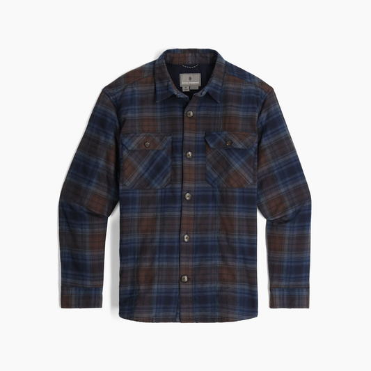 Product Image – Royal Robbins Men's Snowcap Lined Flannel: blue/brown fleece-lined shirt with 2 chest pockets, ONLINE ONLY.