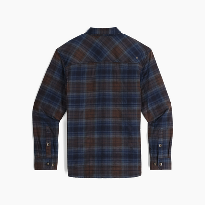 Royal Robbins Men's Snowcap Lined Flannel in blue/brown plaid, back view on white background.