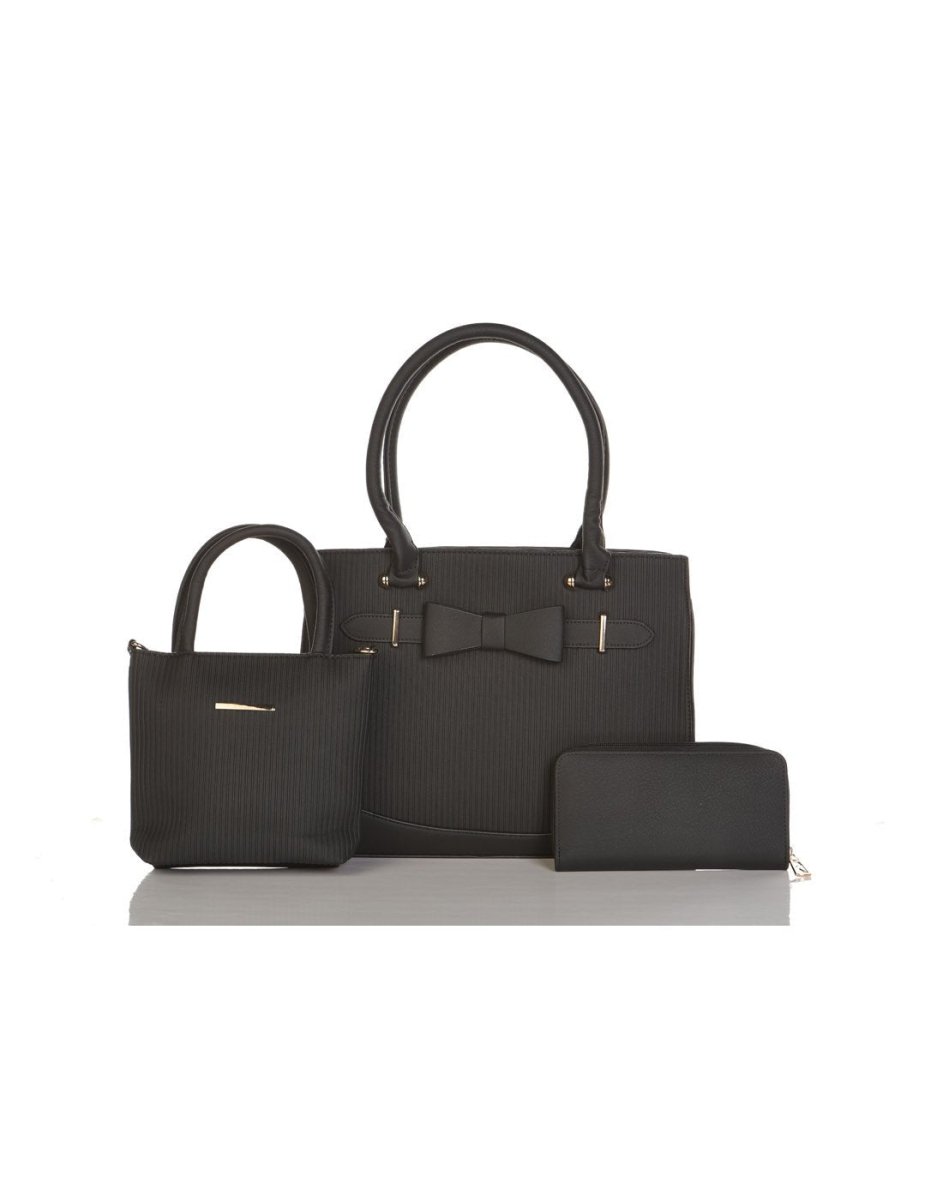 Alina's 3pc Handbag Set in black, front view.