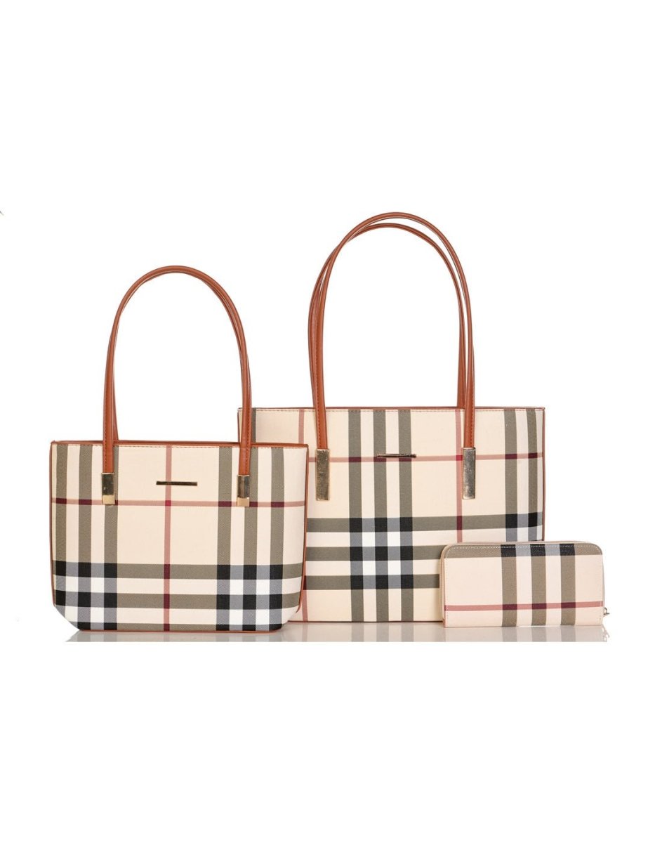 Alina's 3pc Plaid Handbag Set in tan, front view.