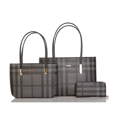 Alina's 3pc Plaid Handbag Set in black, front view.