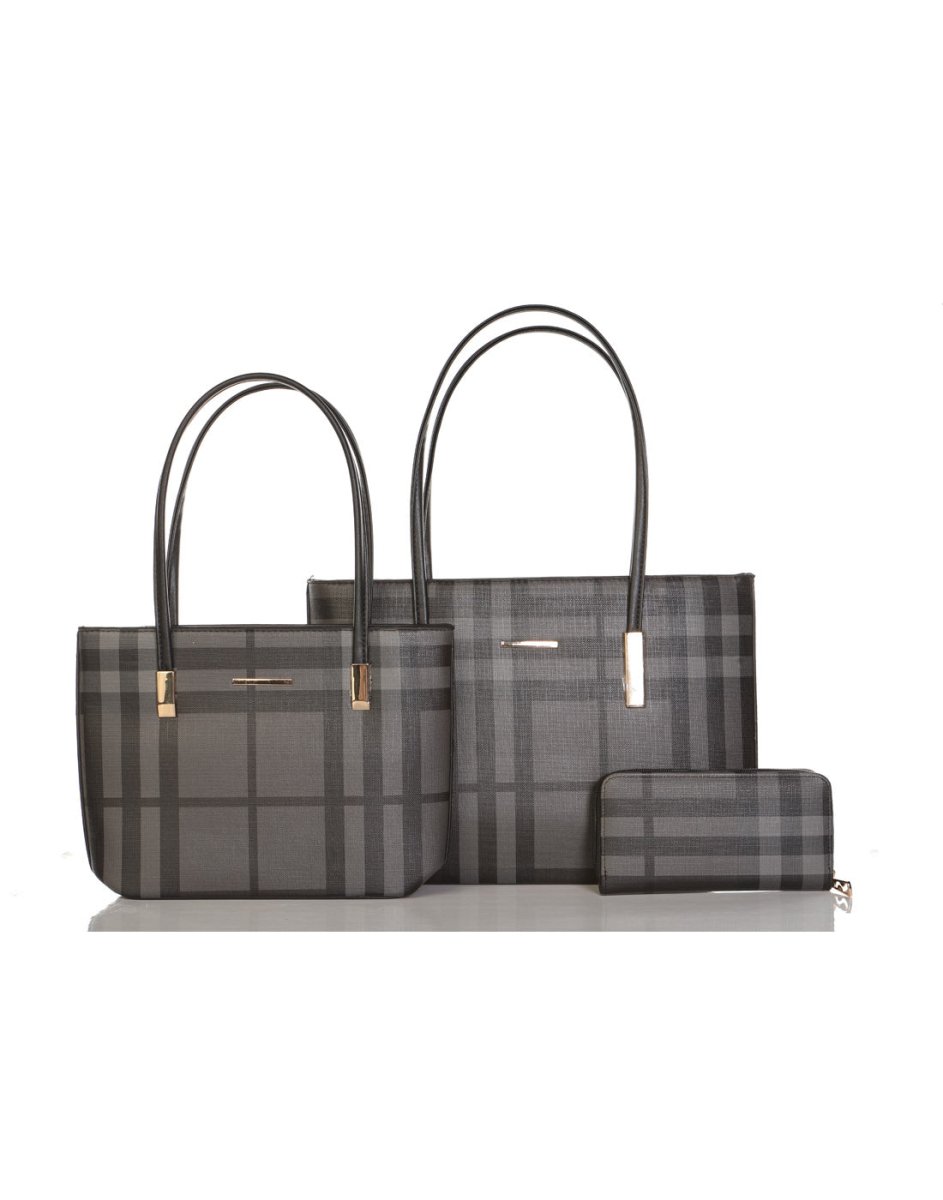 Alina's 3pc Plaid Handbag Set in black, front view.