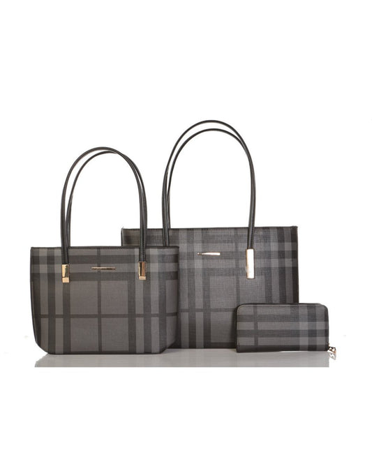 Product Image – Alina's 3pc Plaid Handbag Set in black, front view.