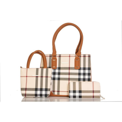 Alina's 3pc Plaid Handbag Set in tan, front view.