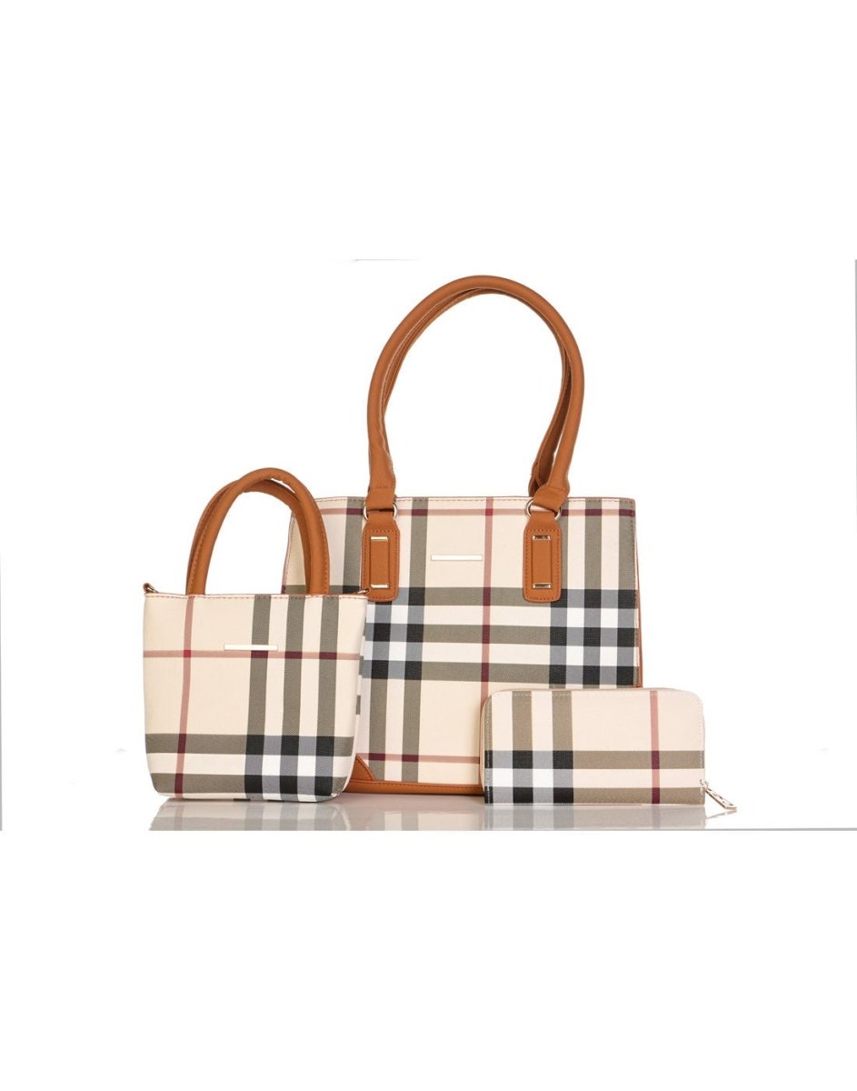 Alina's 3pc Plaid Handbag Set in tan, front view.