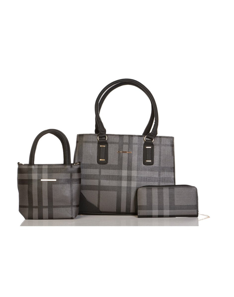 Alina's 3pc Plaid Handbag Set in black, front view.