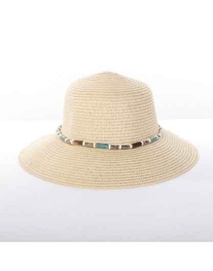 Alina's Beaded Paper Straw Hat in beige, front view.