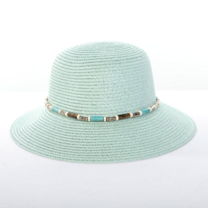 Alina's Beaded Paper Straw Hat in mint, front view.