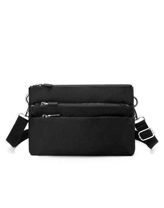 Product Image – Alina's Triple Compartment RFID Crossbody in black, front view.