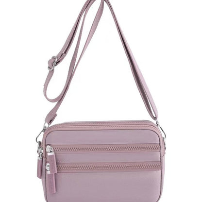 Alina's Triple Zip Square RFID Crossbody in rose, front view.