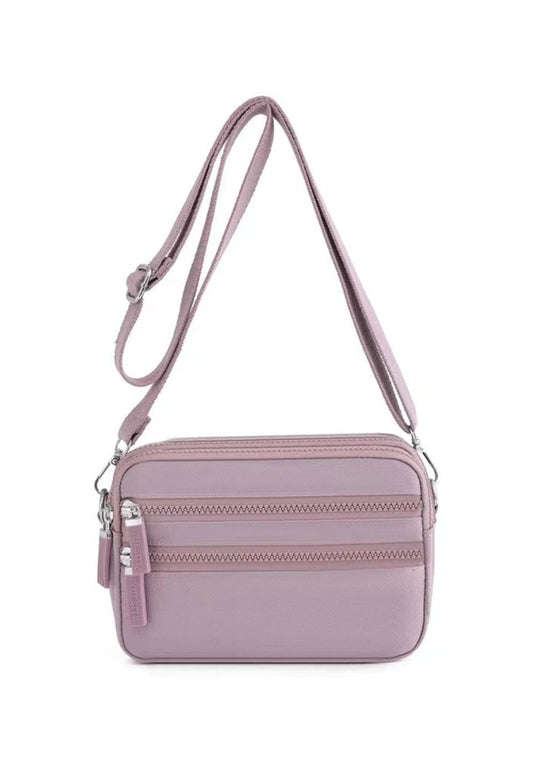 Product Image – Alina's Triple Zip Square RFID Crossbody in rose, front view.