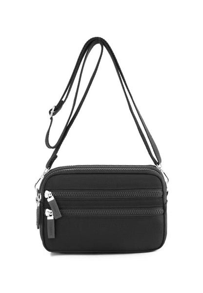 Alina's Triple Zip Square RFID Crossbody in black, front view.