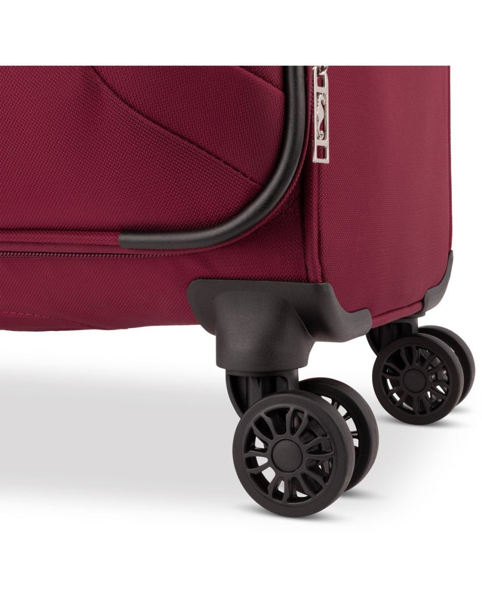 Atlantic Artisan III 24" Expandable Spinner, burgundy, close up of black spinner wheels