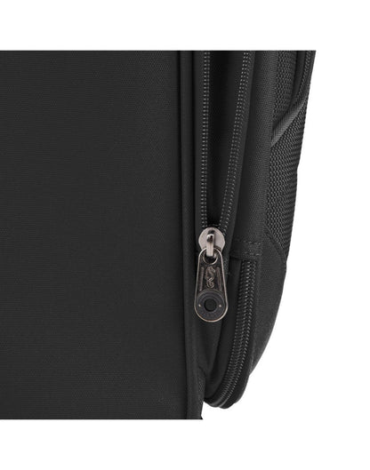 Close up of zipper on Atlantic Bavaria 24" Expandable Spinner, black.