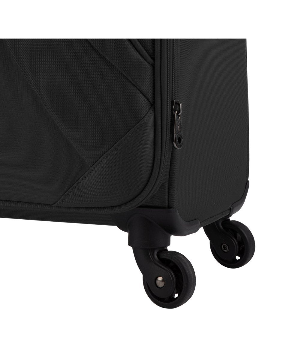 Close up of spinner wheel on Atlantic Bavaria 24" Expandable Spinner, black.