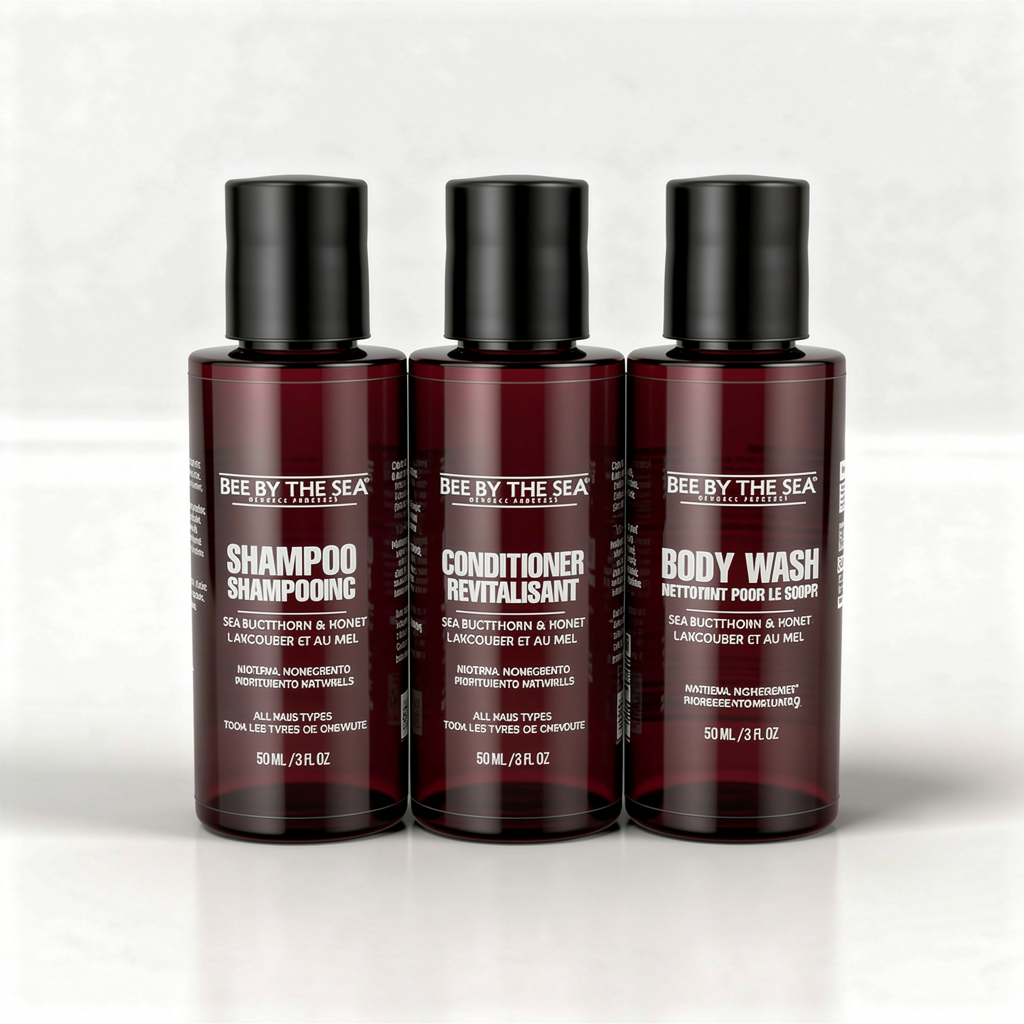 Three Bee by the Sea Travel Shower Mini Kits, 50ml each, placed side by side.