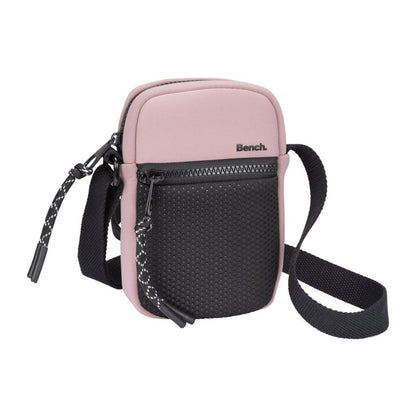 Bench Aria Cell Phone Crossbody in pink with black front mesh zippered pocket and black strap and zippers