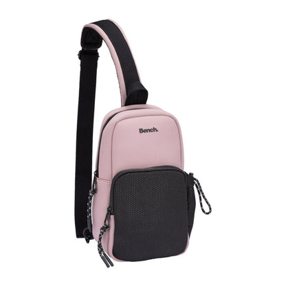 Bench Aria Sling Bag, pink with black front mesh pocket , zippers and strap, front view