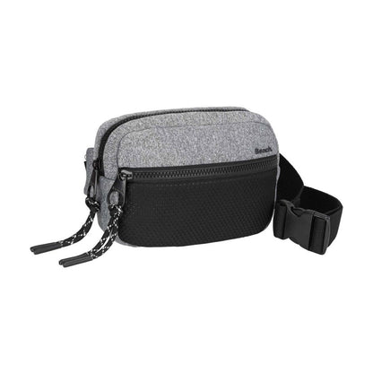 Bench Aria Waist Bag, grey with black zippers, belt strap and front pocket, front view