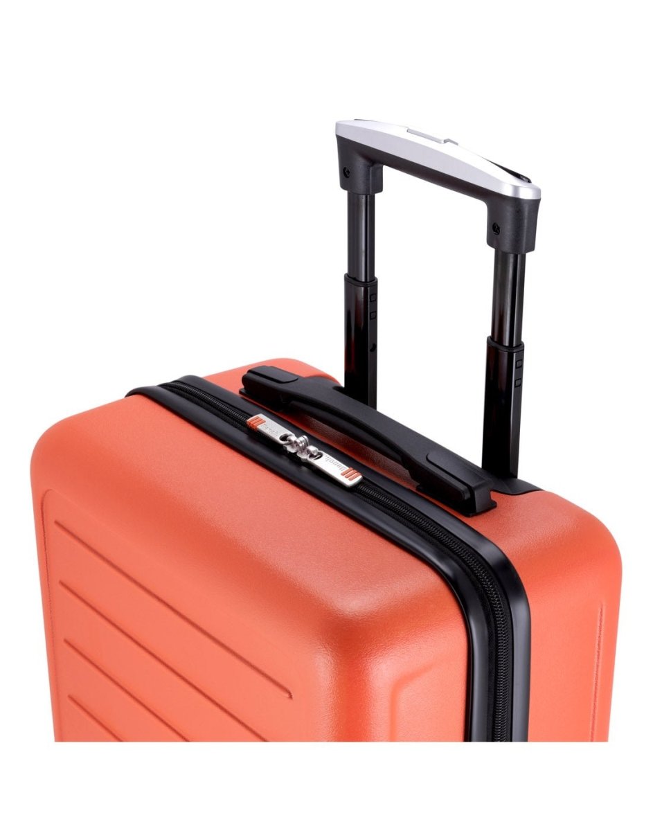 Bench Erasmos Hardside 19" Spinner Carry-on, burnt orange, close up top view with telescopic handle extended