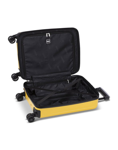 Bench Erasmos Hardside 19" Spinner Carry-on, miner yellow, open view of black lined interior