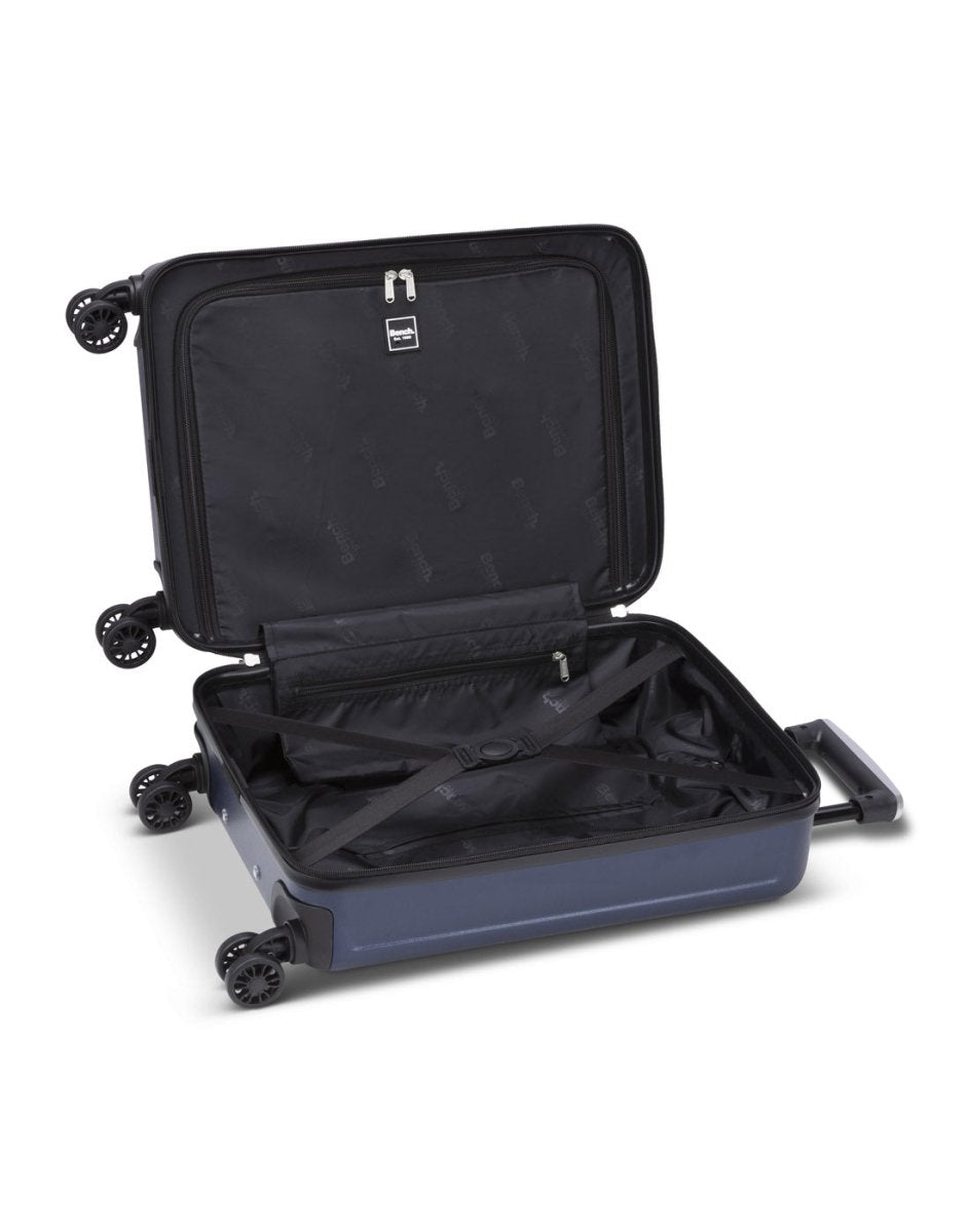 Bench Erasmos Hardside 19" Spinner Carry-on, naval academy blue, open view of black lined interior