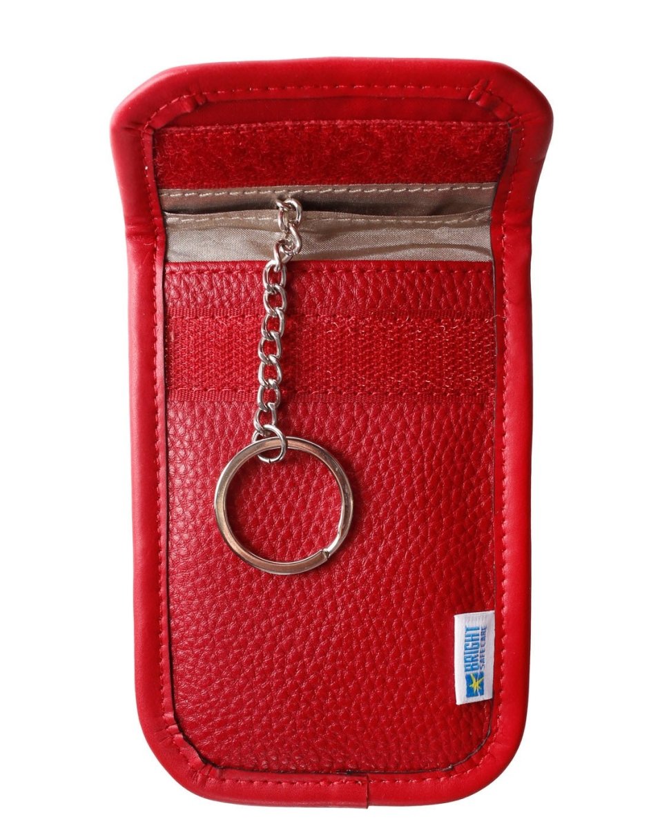 Bright Safe Care RFID Key and Card Blocker, red, front Velcro flap open with key ring hanging out