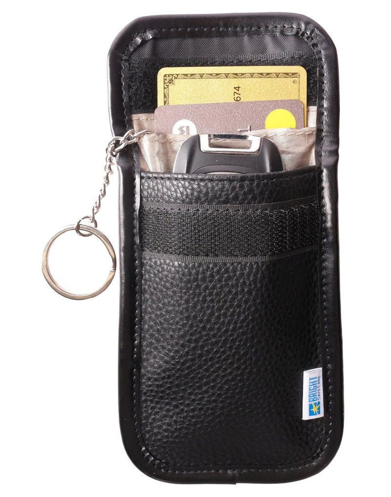 Bright Safe Care RFID Key and Card Blocker, black, front Velcro flap open with key fob and two credit cards inside