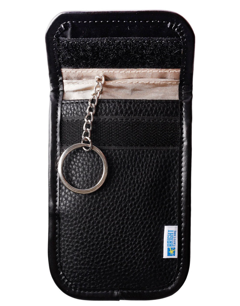 Bright Safe Care RFID Key and Card Blocker, black, front Velcro flap open with key ring hanging out