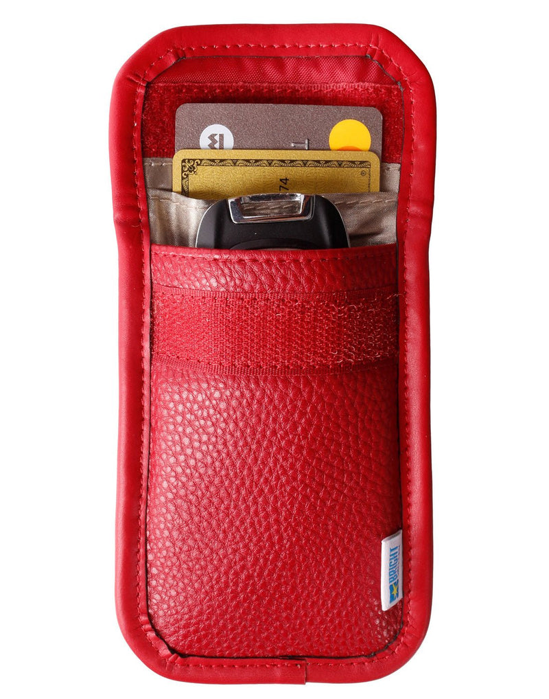 Bright Safe Care RFID Key and Card Blocker, red, front Velcro flap open with key fob and two credit cards inside