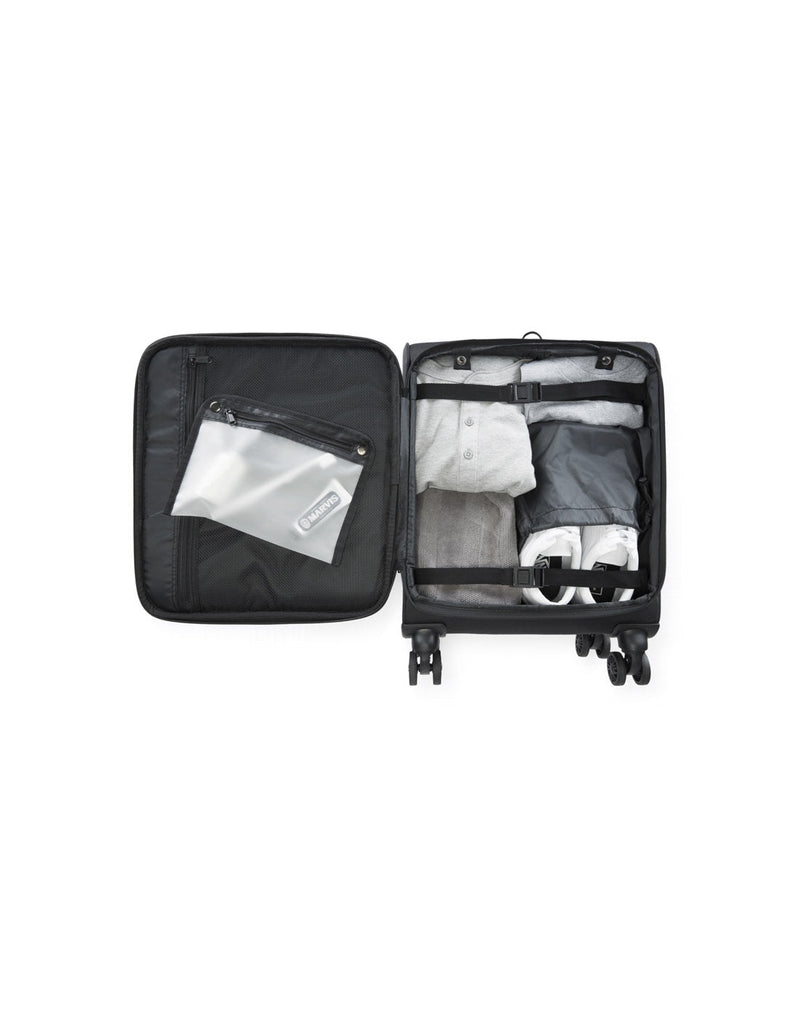 Bugatti Madison Ultimate Carry-on Spinner in black, unzipped to show the interior storage space.