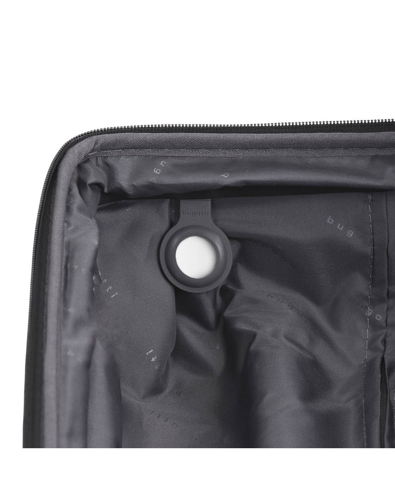 Close up view of AirTag holder on black Bugatti Munich Hardside Carry-on Spinner.