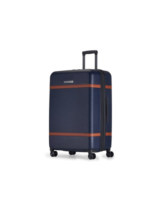 Product Image – Bugatti Wellington Hardside 28" Expandable Spinner in Navy, angled side view.