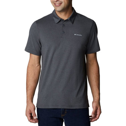 Front view of a man wearing Columbia Men's Tech Trail™ Polo Shirt  in shark heather colour.