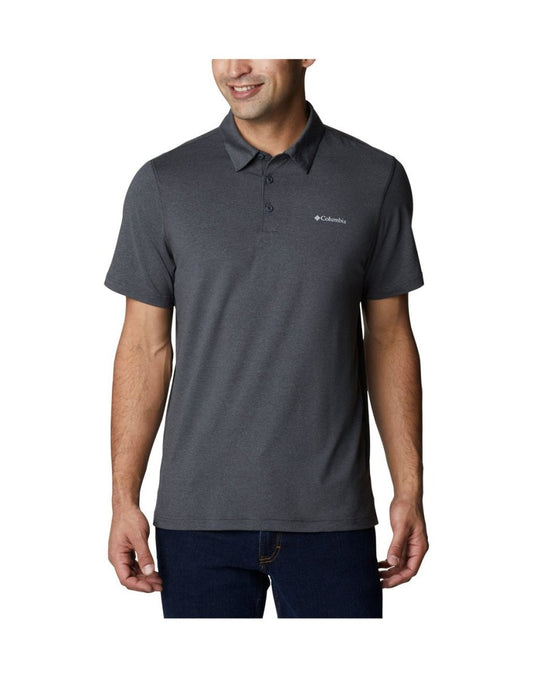 Product Image – Front view of a man wearing Columbia Men's Tech Trail™ Polo Shirt  in shark heather colour.