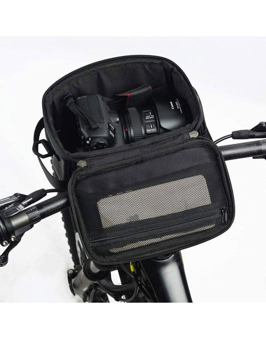 Product Image – Corsino rover handlebar bag black colour attached to bike interior view