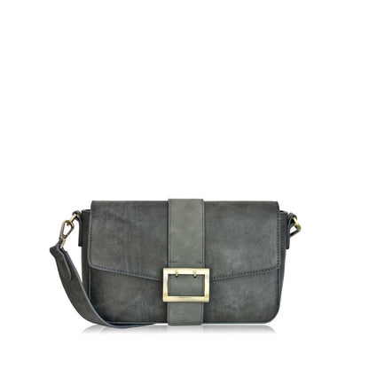 Espe Lee Crossbody in grey with flap and thick vertical band with chunky buckle and matching wide strap, front view