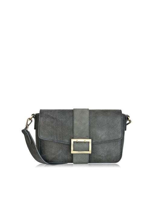 Product Image – Espe Lee Crossbody in grey with flap and thick vertical band with chunky buckle and matching wide strap, front view