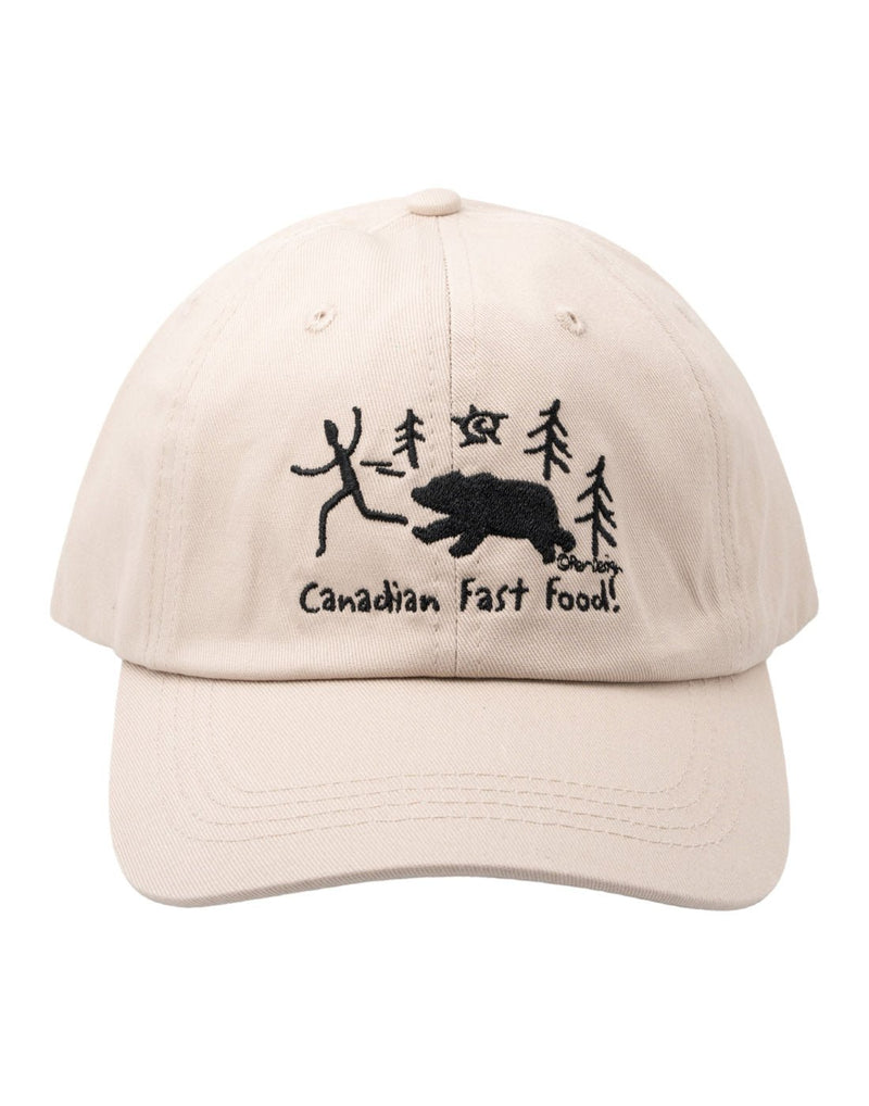 Tan baseball cap with black image of bear chasing a person with words Canadian Fast Food below