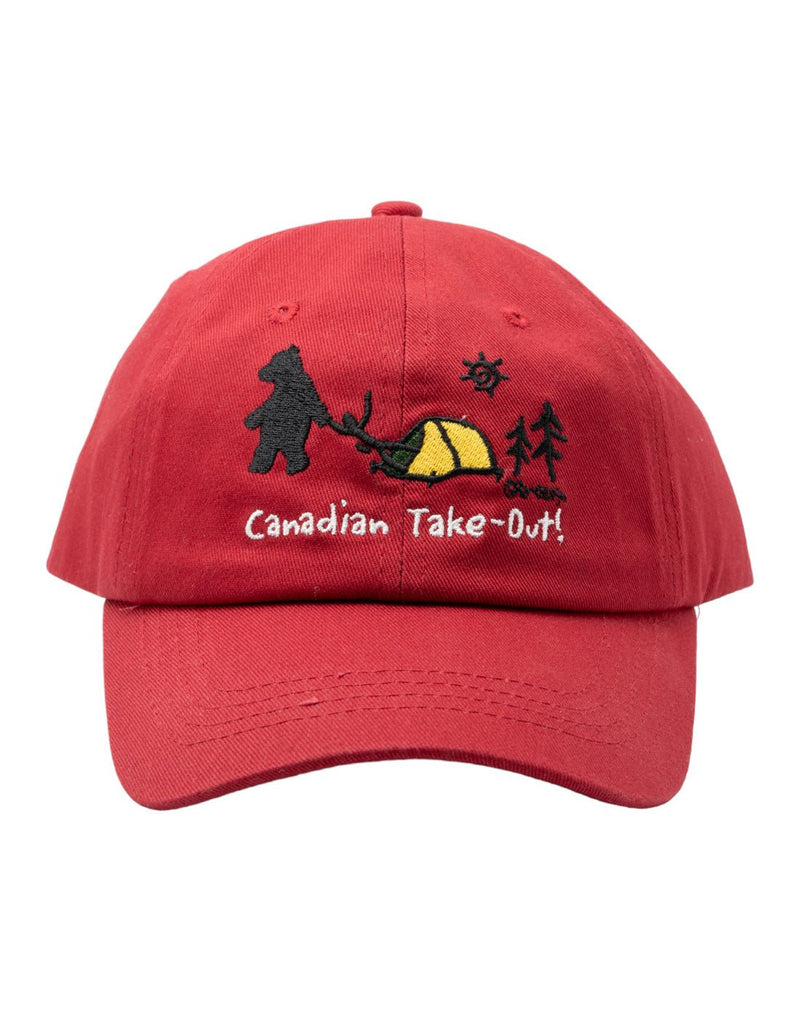 Red baseball cap with image of bear dragging a person out of a tent with the words Canadian Take-out below
