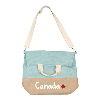 North & Oak Canada Jute Bag, ocean blue top and natural jute bottom with Canada print and natural strap