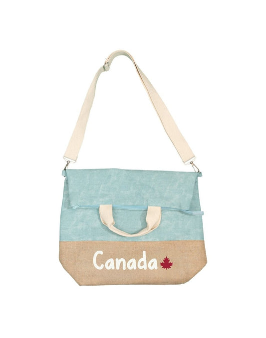 Product Image – North & Oak Canada Jute Bag, ocean blue top and natural jute bottom with Canada print and natural strap